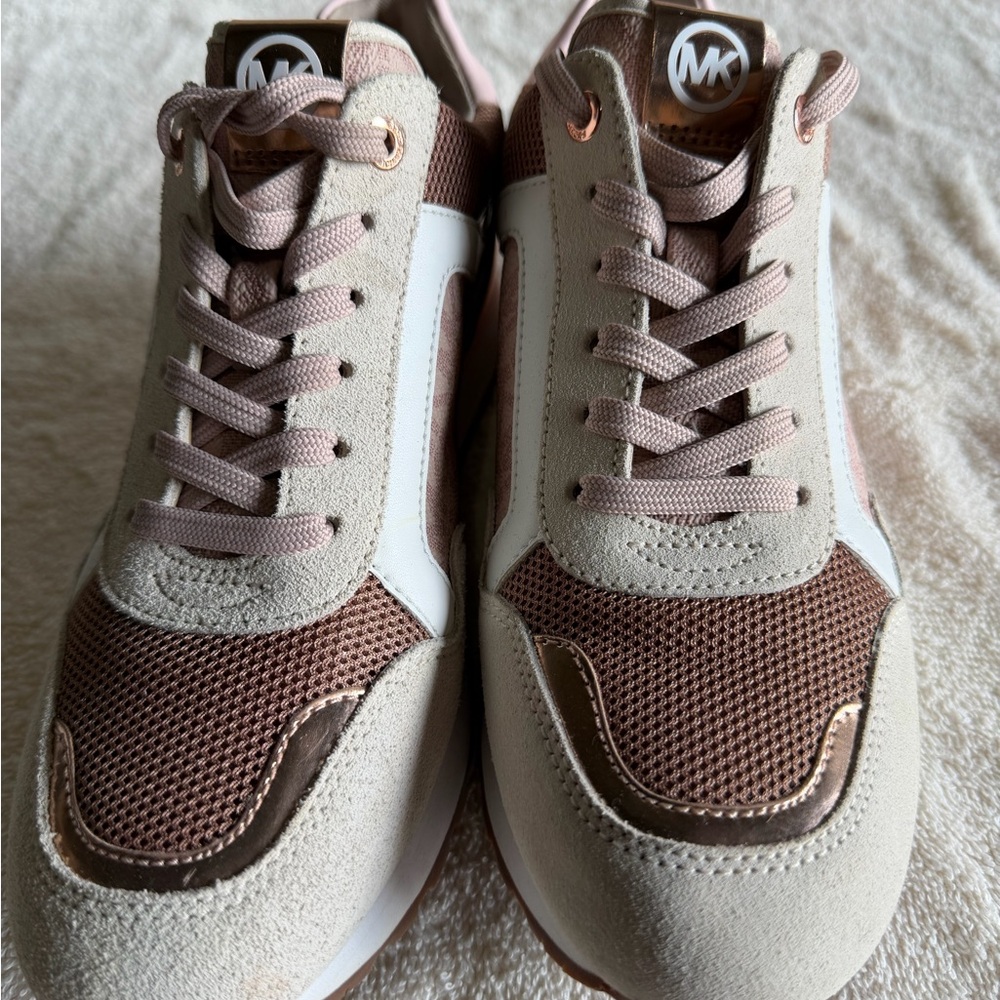 Michael Kors Pink & Beige Suede Mesh Low-Top Sneakers - Picture 4 of 6